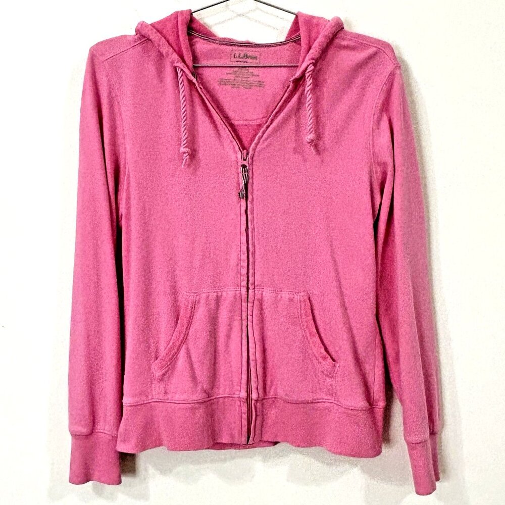 L.L. BEAN Bubblegum Pink Terrycloth Zip Up Hoodie Tie Hood Barbiecore Y2K Size S